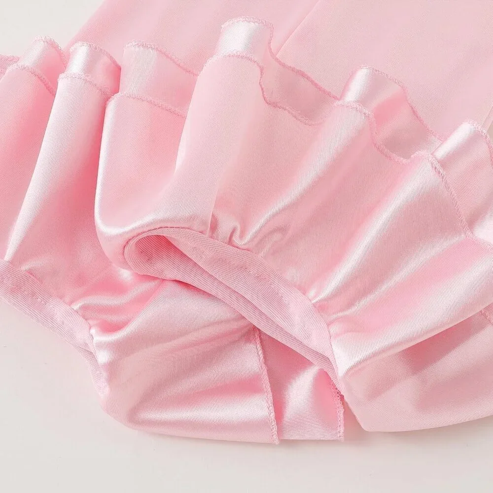 Women's Pink Long Satin Ruffle Cuff Stretchy Sleeves Gloves Wedding Costume